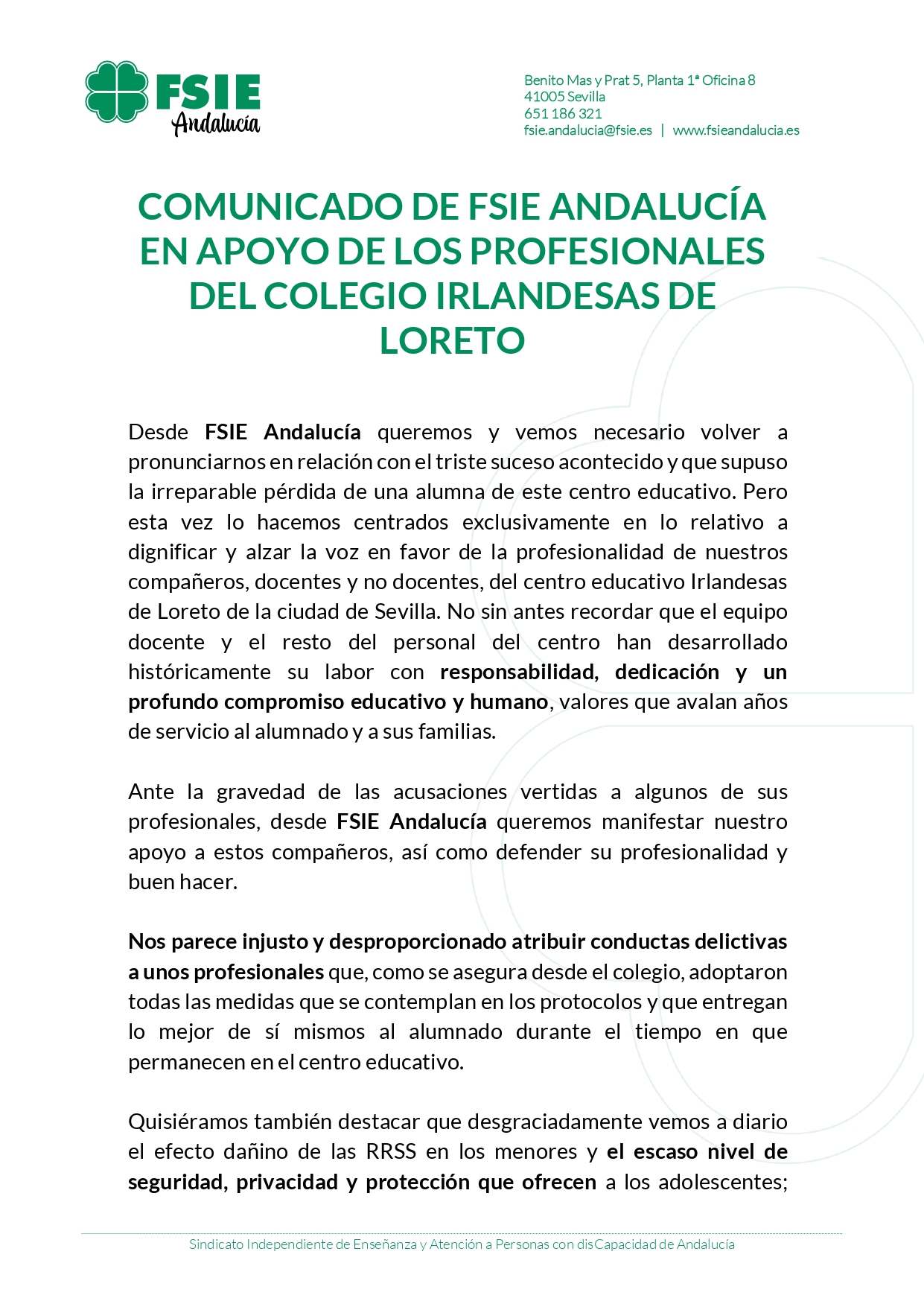 Comunicado FSIE A Irlandesas de Loreto page 0001
