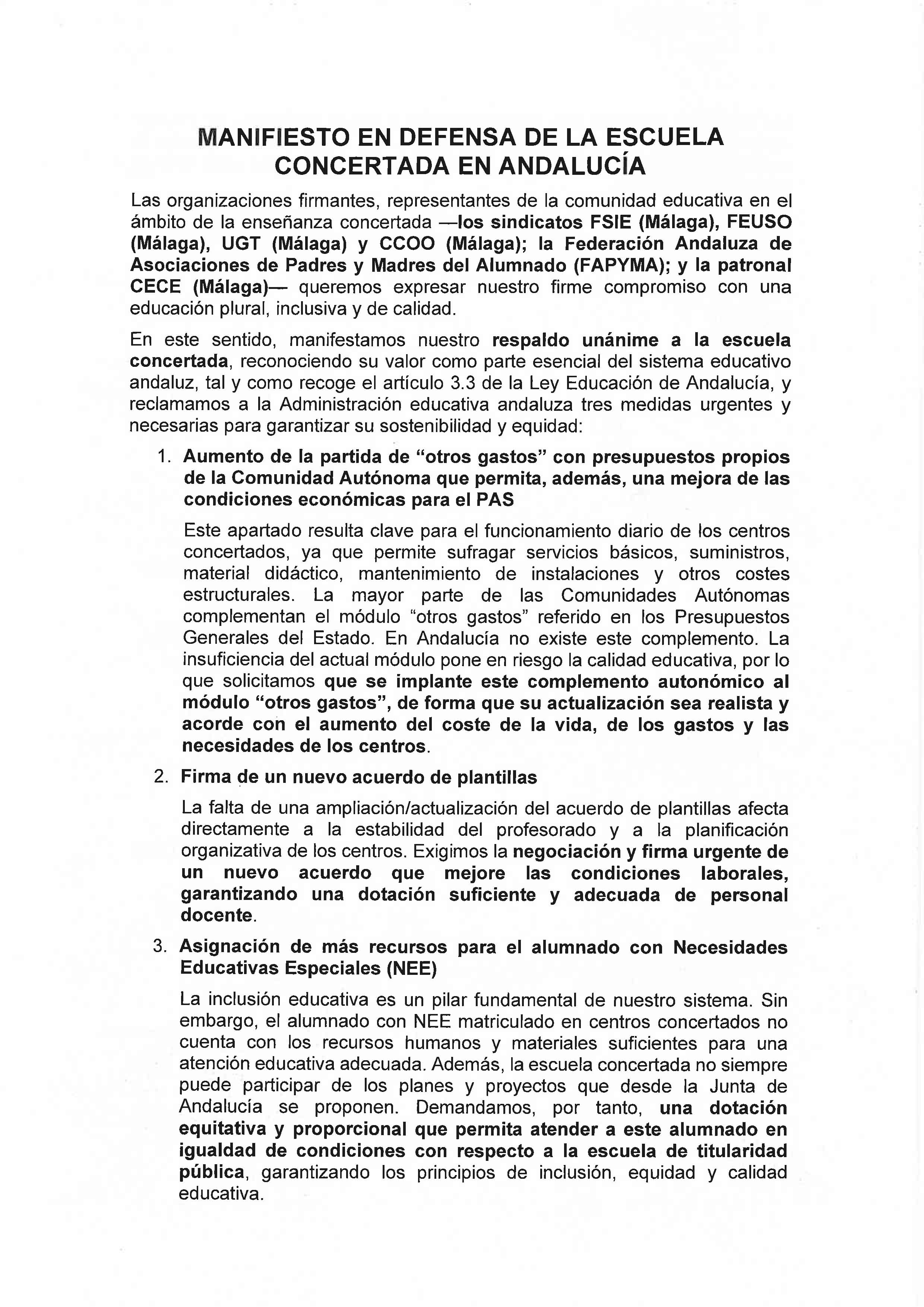 MANIFIESTO EN DEFENSA DE LA ENSEÑANZA CONCERTADA